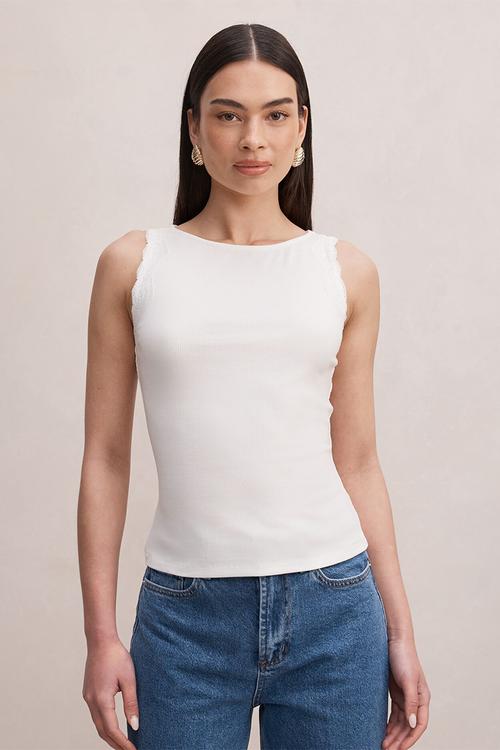 Karla lace trim tank top in - porcelain