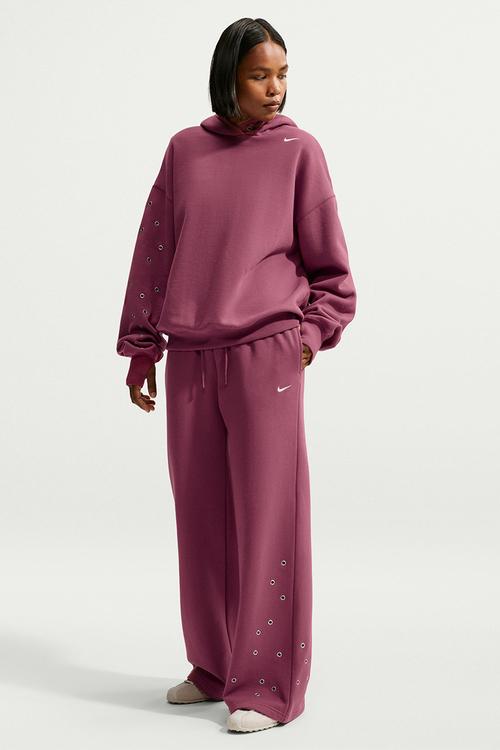 W Nk Fleece Mid-Rise Wide-Leg Pants - Pinksmoke/Sail