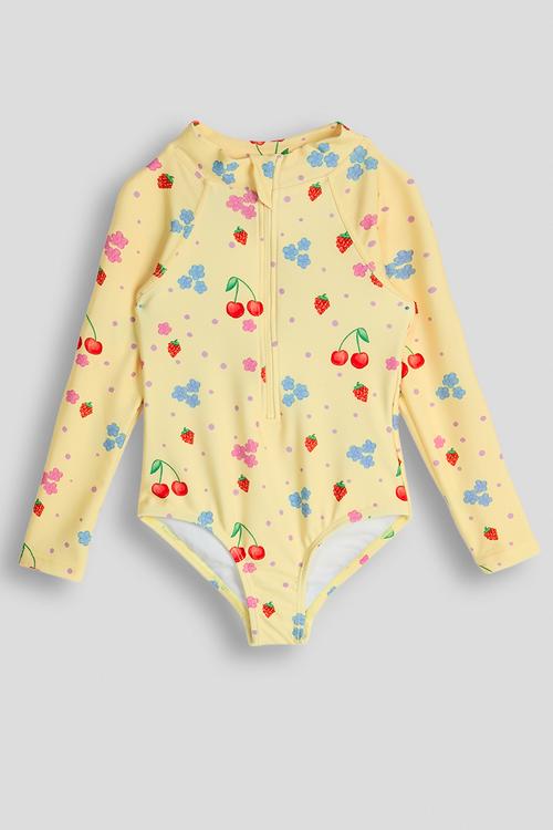 Long Sleeve One Piece Swimsuit - Baby Yellow/Cherries