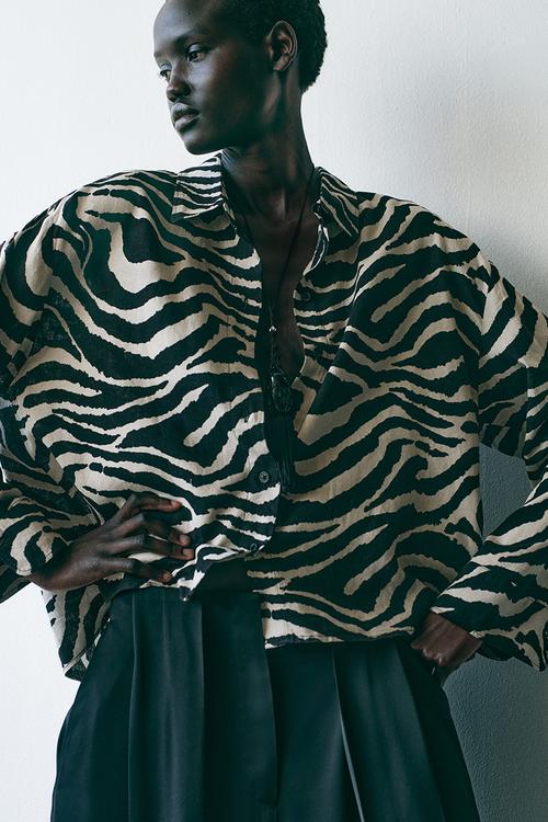 Linen-blend shirt - black/zebra print