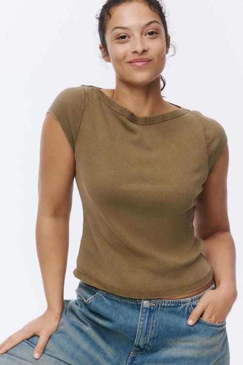 Rib-knit boat-neck top - khaki green