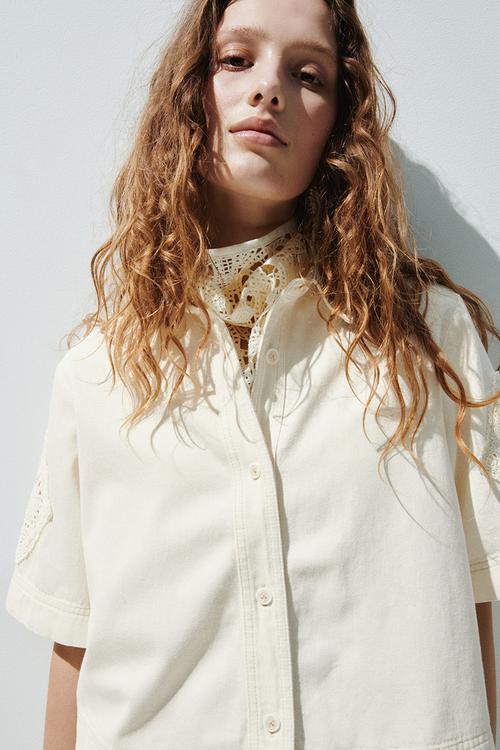 Short-sleeved denim shirt - cream