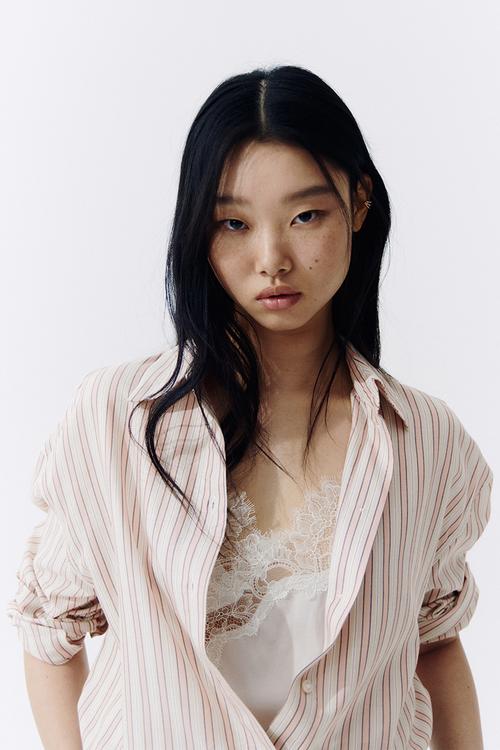 Oversized lyocell-blend shirt - light pink/striped