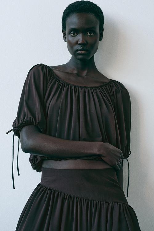 Draped drawstring-detail top - dark brown