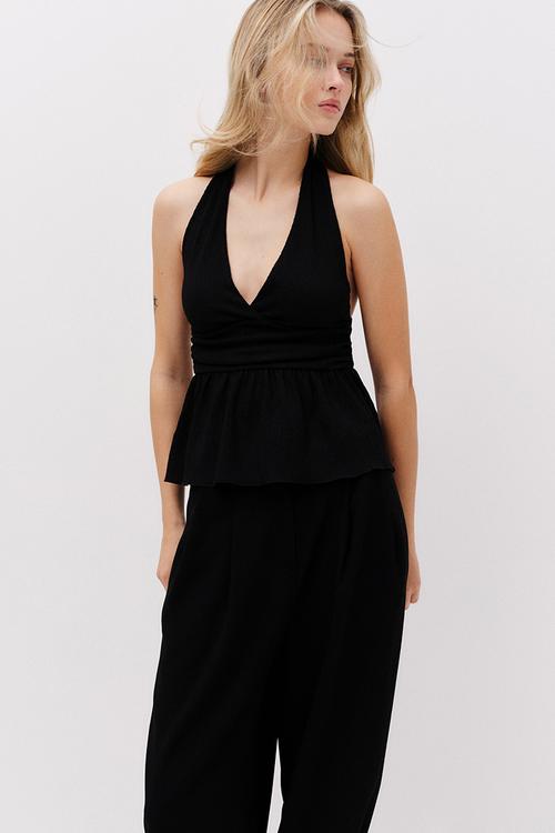 Peplum halterneck top - black