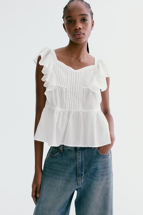 Frill-trimmed cotton top - white