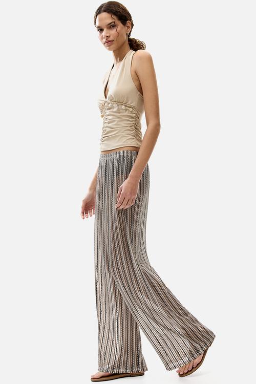 Wide hole-knit trousers - light beige/black striped
