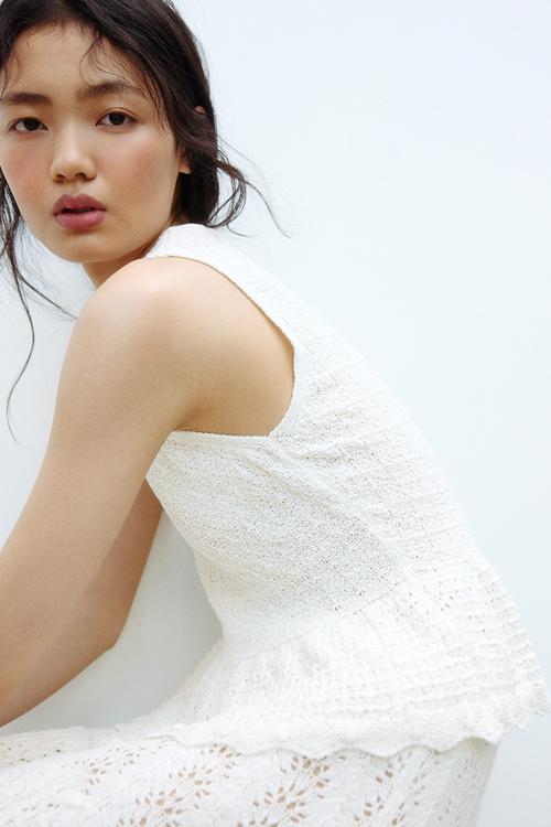 Pointelle-knit peplum top - cream