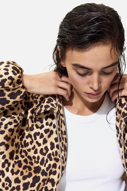 Oversized bubble-hem jacket - beige/leopard print