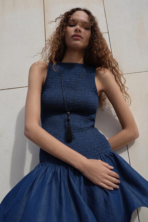 Smocked denim dress - dark denim blue