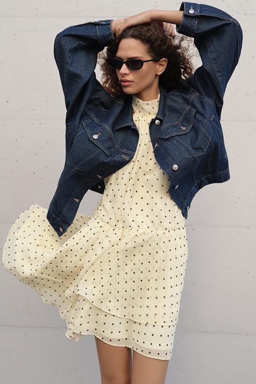 Chiffon halterneck dress - pale yellow/polka dot