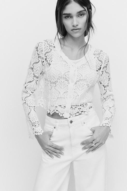 Crochet-look cotton cardigan - light beige