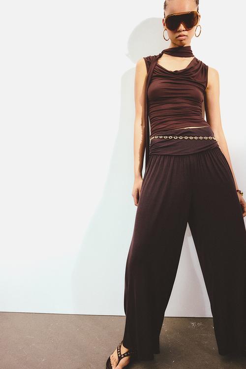 Gathered viscose trousers - dark brown