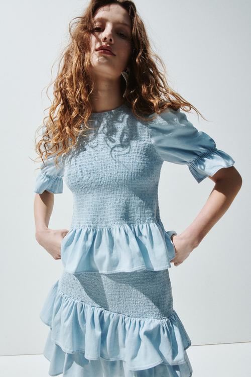Smocked denim blouse - light blue