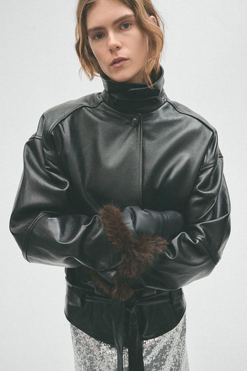 H&M Studio:  Shoulder-pad leather jacket - black