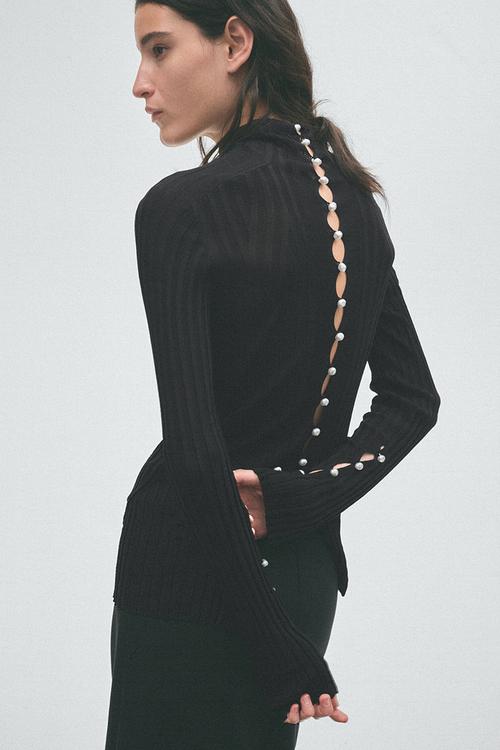 H&M Studio:  Rib-knit button-detail top - black