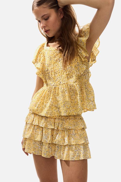 Tiered viscose mini skort - yellow/floral