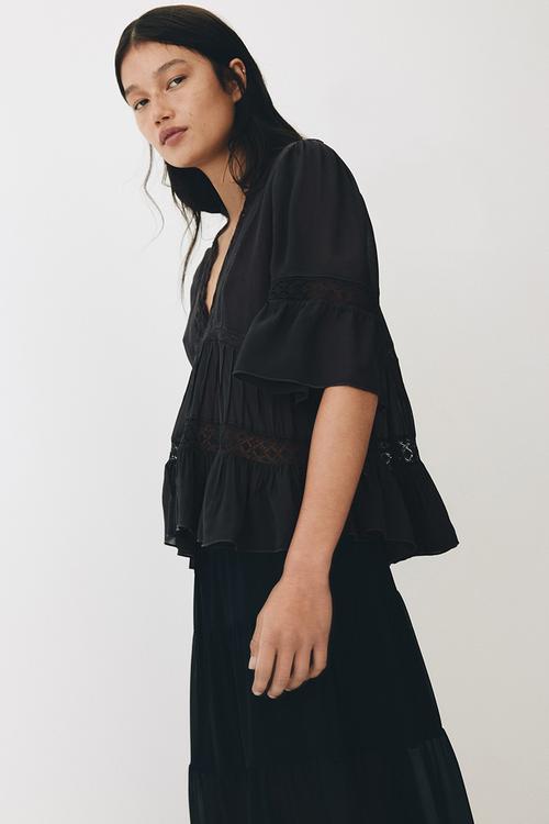 Lace-detail viscose blouse - charcoal grey