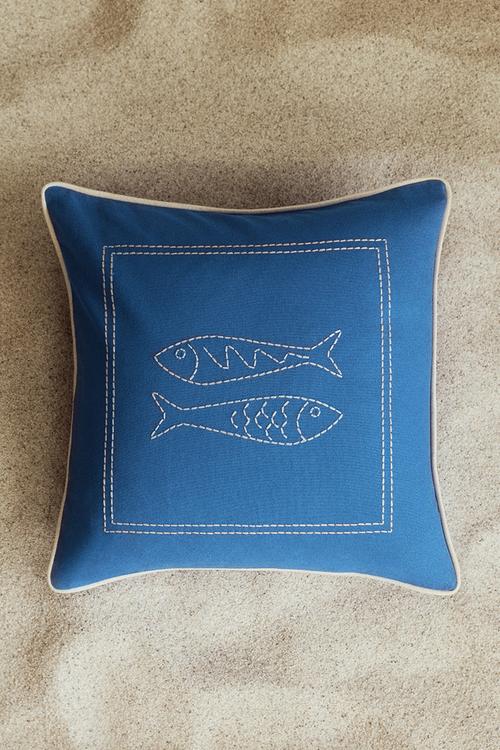 Embroidery-motif cushion cover - bright blue/fish