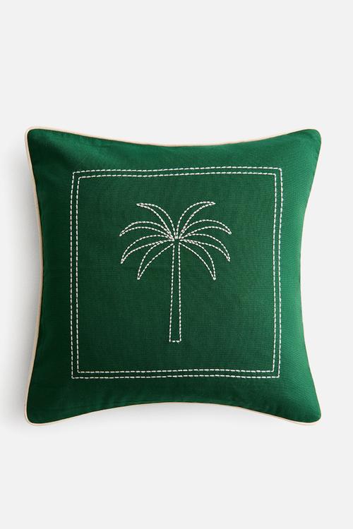 Embroidery-motif cushion cover - dark green/palm tree