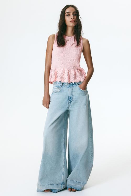 Pointelle-knit peplum top - light pink
