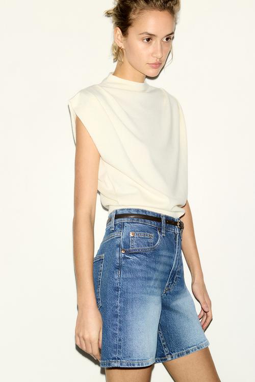 High-waisted denim shorts - denim blue
