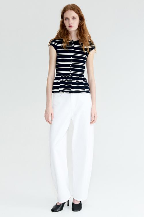 Short-sleeved peplum cardigan - black/white striped
