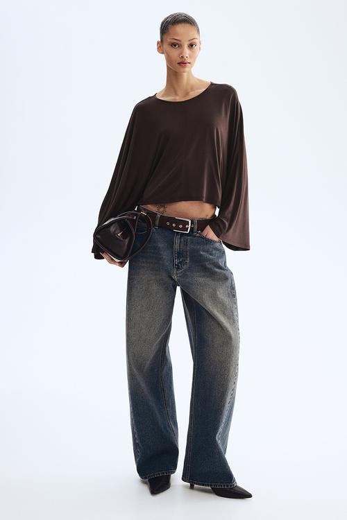 Batwing-sleeved jersey top - dark brown