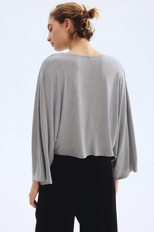Batwing-sleeved jersey top - light grey marl
