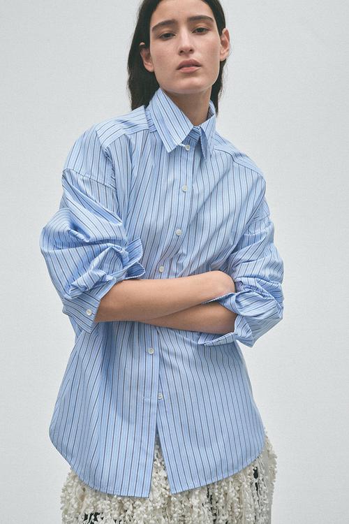 H&M Studio:  Layered-look poplin shirt - light blue/striped