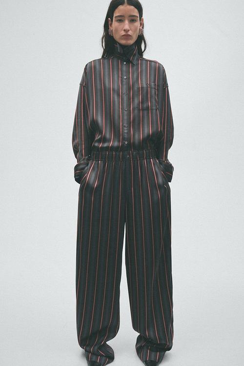 H&M Studio:  Satin pull-on trousers - dark grey/striped