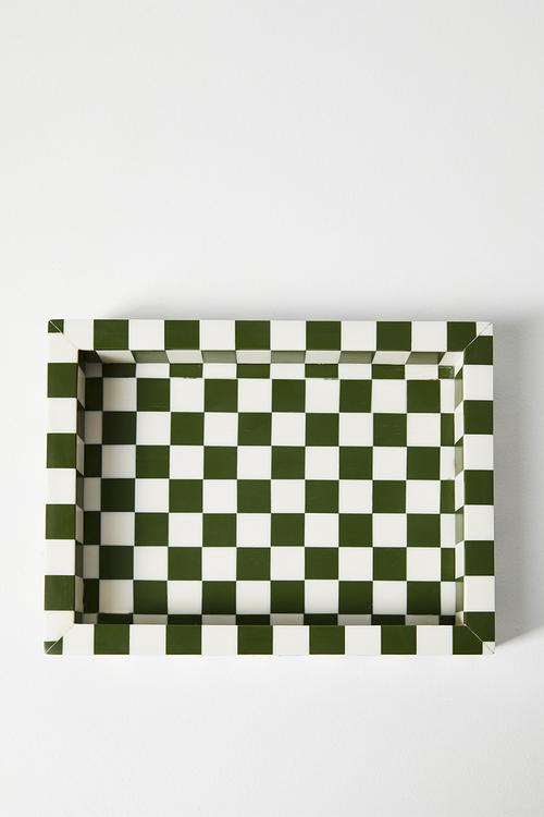 Check Inlay Trinket Tray - Green & Natural