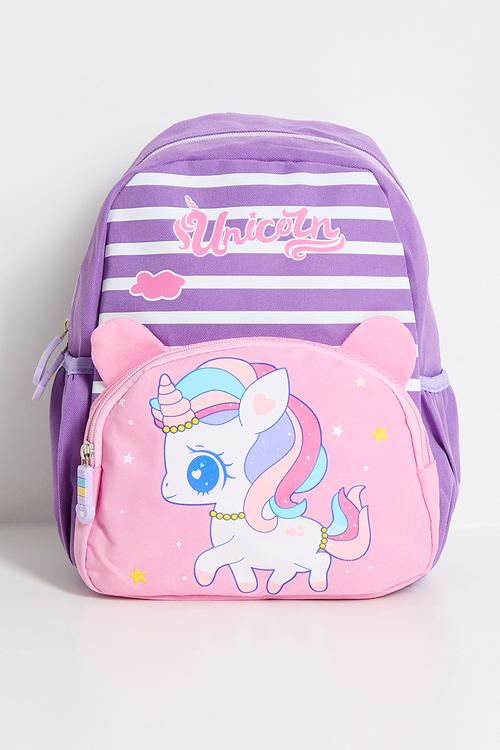 Striped backpack with unicorn placement pocket - light purple/pink