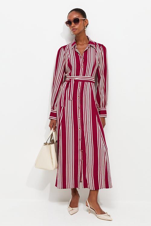 Emma Stripe Shirt Midi Dress - Red