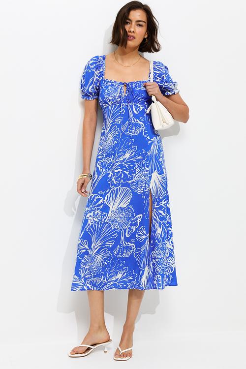 Sketchy coral twist front midi dress - blue