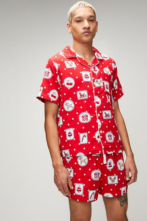 Adults Woven Family Xmas Pj Set-Varsity Red/Rudolph Spot