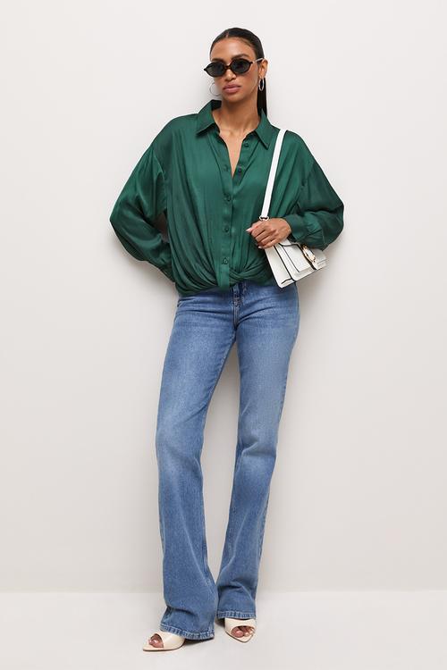 K Sue Satin Twist Shirt - Pine Green