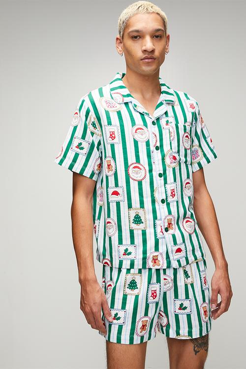Adults Woven Family Xmas Pj Set-English Ivy/Santa Stamp