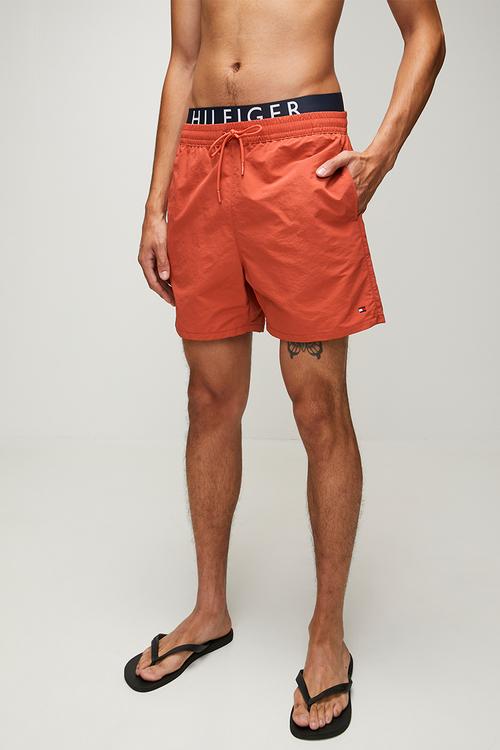 Double Waistband Mid-Length Swim Shorts- Terra Red
