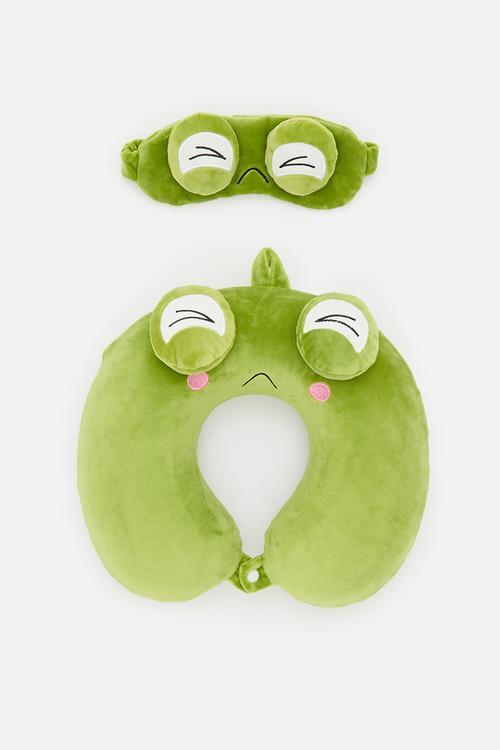 Plush close-eyed character neck pillow set - moss green