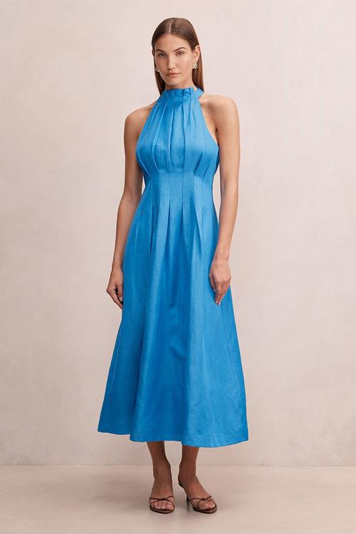 Miller pleat halter midi dress - mediterranean blue