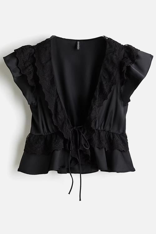 Flounce-trimmed satin blouse - black
