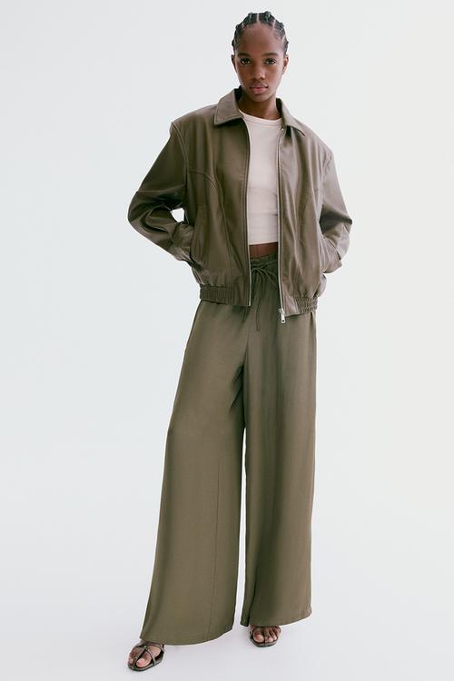 Satin drawstring trousers - dark khaki green