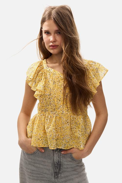 Frill-trimmed cotton top - yellow/floral