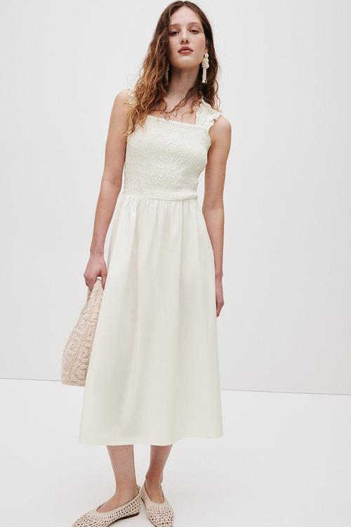 Smocked poplin dress - white