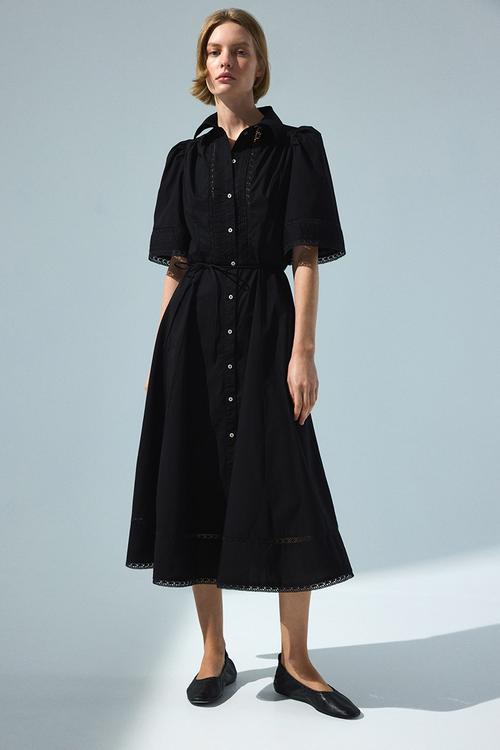 Pintucked cotton shirt dress - black
