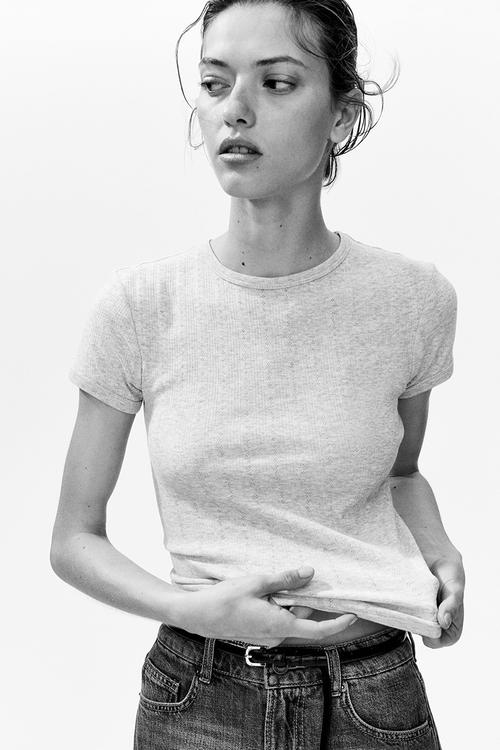 Pointelle-knit t-shirt - light grey marl