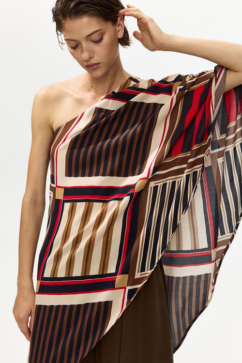 One-shoulder satin cape top - brown/patterned