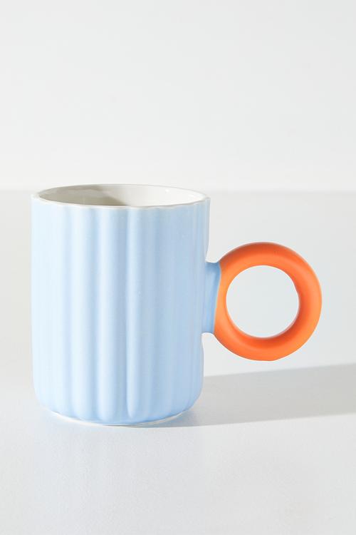 Relief Mug with Coloured Handle Single 370ml - Blue Stripe 