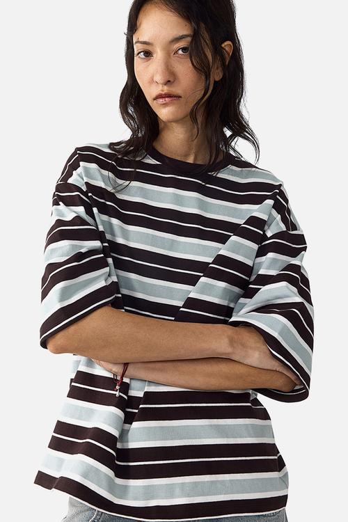 Oversized cotton t-shirt - dark brown/striped
